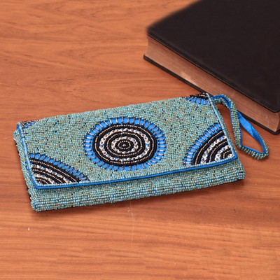 Beaded wristlet, 'Circle of Beauty in Blue' - Circle Pattern Beaded Wristlet in Blue from Bali