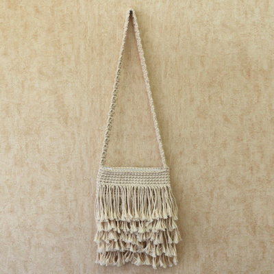 Cotton sling, 'Malang Majesty' - Hand-Knotted Cotton Sling with Fringes from Bali
