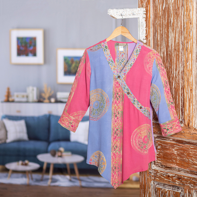 Rayon tunic, 'Color Symphony in Rose' - Pink and Blue Hand Batik Textured Rayon Flowing V-Neck Tunic