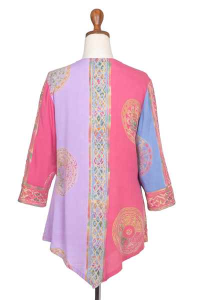 Rayon tunic, 'Color Symphony in Rose' - Pink and Blue Hand Batik Textured Rayon Flowing V-Neck Tunic