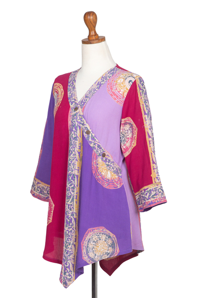 Rayon tunic, 'Color Symphony in Purple' - Red and Purple Hand Batik Textured Rayon Flowing Tunic