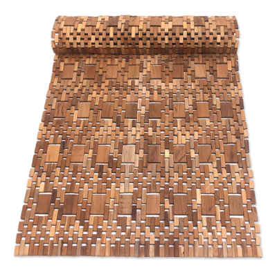 Teak wood mat, 'Cobbled Path' - Artisan Crafted Teak Wood Mat from Bali