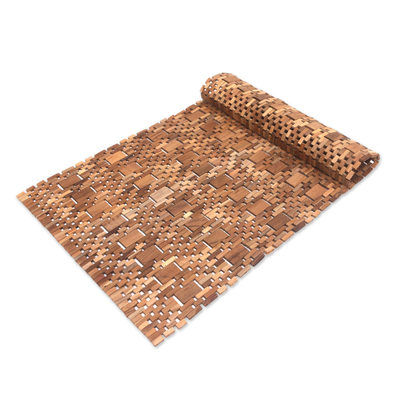 Teak wood mat, 'Cobbled Path' - Artisan Crafted Teak Wood Mat from Bali