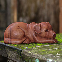Escultura de madera, 'Good Boy' - Escultura de perro de madera de Suar tallada a mano de Bali