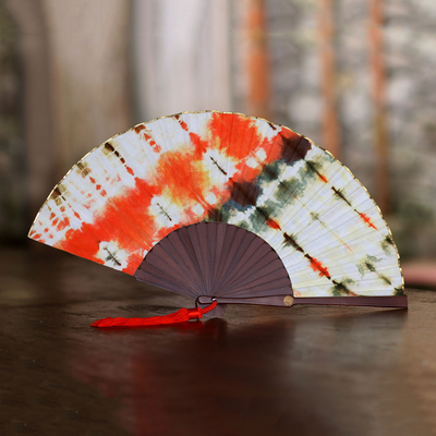 Tie-dyed cotton fan, 'Tangerine Awani' - Tie-Dyed Cotton Fan in Tangerine and Olive from Java