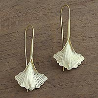 Gold plated sterling silver drop earrings, 'Golden Ginko Leaf'