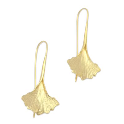 Gold plated sterling silver drop earrings, 'Golden Ginko Leaf' - Gold Plated Sterling Silver Ginko Leaf Drop Earrings