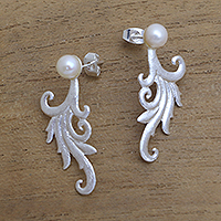 Cultured pearl drop earrings, 'Glistening Tendrils'