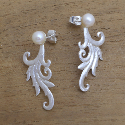 Cultured pearl drop earrings, 'Glistening Tendrils' - Tendril Motif Cultured Pearl Drop Earrings from Bali