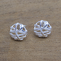 Handcrafted Sterling Silver Stud Earrings from Bali,'Balinese Fabric'