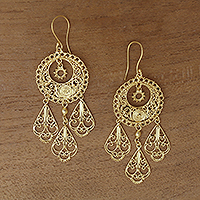 Gold plated sterling silver chandelier earrings, 'Princess Night'