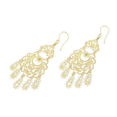 Gold plated sterling silver chandelier earrings, 'Real Beauty' - Artisan Crafted Gold Plated Sterling Silver Earrings
