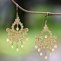 Gold plated sterling silver earrings, 'Peacock Plumes' - 18k Gold Plated Sterling Silver Chandelier Earrings