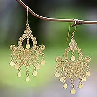 Gold plated sterling silver earrings, 'Peacock Plumes' - 18k Gold Plated Sterling Silver Chandelier Earrings