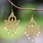 Gold plated sterling silver earrings, 'Peacock Plumes' - 18k Gold Plated Sterling Silver Chandelier Earrings