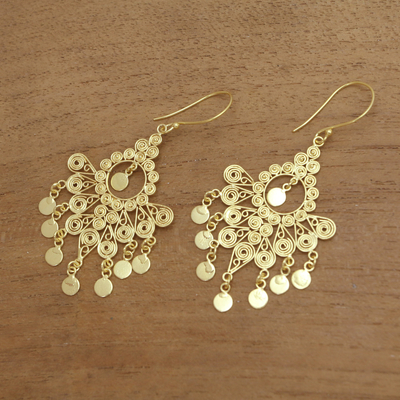 Gold plated sterling silver earrings, 'Peacock Plumes' - 18k Gold Plated Sterling Silver Chandelier Earrings