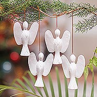 Wood ornaments, 'Silent Angels' (set of 4) - White Wood Angel Ornaments from Bali (Set of 4)