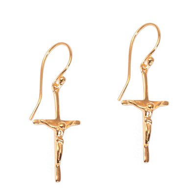 Gold plated sterling silver dangle earrings, 'Salvation Cross' - 18k Gold Plated Sterling Silver Crucifix Dangle Earrings