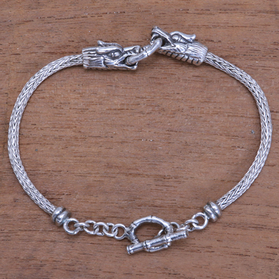 Men's sterling silver pendant bracelet, 'Spiritual Dragon' - Men's Sterling Silver Dragon Pendant Bracelet from Bali