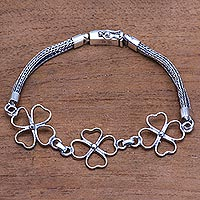 Sterling silver link bracelet, 'Clover Trio'