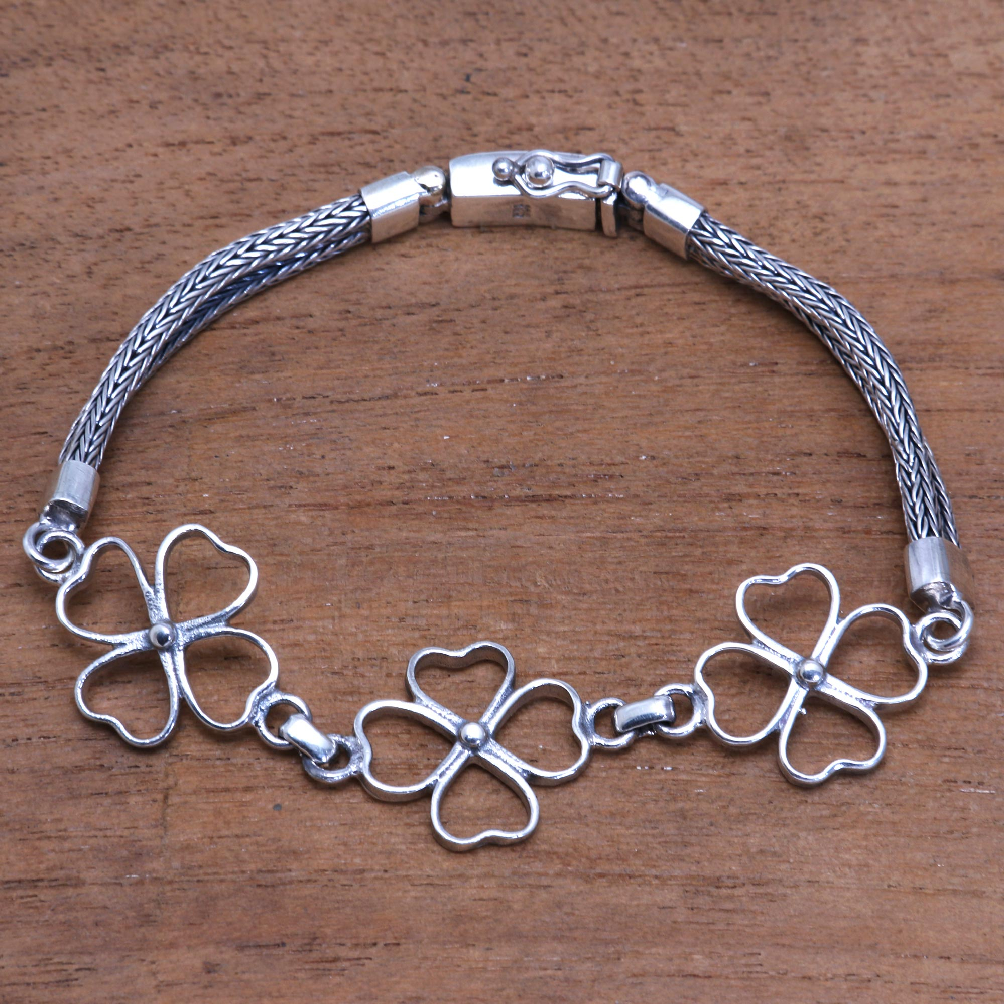 Four-Leaf Clover Sterling Silver Link Bracelet from Bali - Clover Trio
