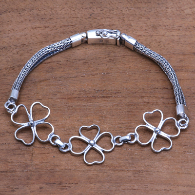 Sterling silver link bracelet, 'Clover Trio' - Four-Leaf Clover Sterling Silver Link Bracelet from Bali