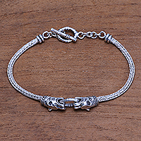Tiger-Themed Sterling Silver Pendant Bracelet from Bali,'Spiritual Tiger'
