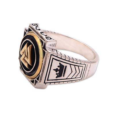 Men's sterling silver signet ring, 'Bold Valknut in Brass' - Men's Brass Accented Sterling Silver Odin's Knot Ring
