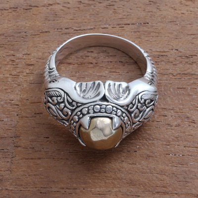 Men's sterling silver ring, 'Elephant Temple in Brass' - Men's Brass Accented Sterling Silver Elephant Ring from Bali
