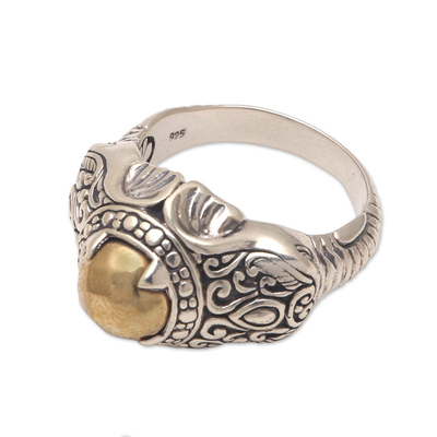 Men's sterling silver ring, 'Elephant Temple in Brass' - Men's Brass Accented Sterling Silver Elephant Ring from Bali