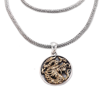 Anhänger-Halskette aus Sterlingsilber für Männer, 'Glorious Dragon in Brass', 'Glorious Dragon in Brass - Drachenanhänger-Halskette aus Sterlingsilber mit Akzent aus Messing für Männer