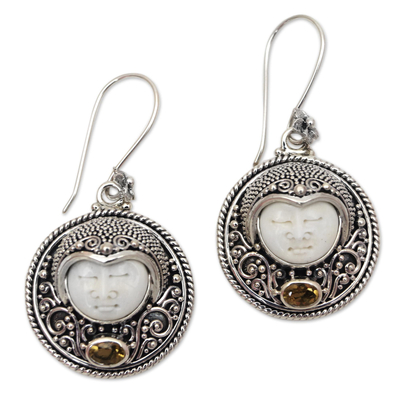 Citrine dangle earrings, 'Sukawati Guardian' - Citrine and Bone Dangle Earrings Crafted in Bali