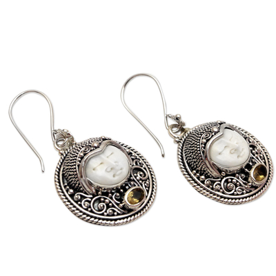 Citrine dangle earrings, 'Sukawati Guardian' - Citrine and Bone Dangle Earrings Crafted in Bali