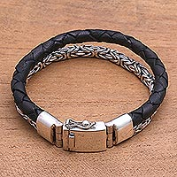 Men's sterling silver and leather bracelet, 'Solid Bonding in Black' - Sterling Silver and Black Leather Men's Bracelet from Bali