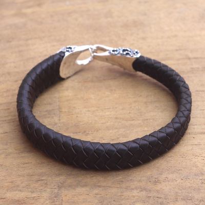 Men's leather and sterling silver braided wristband bracelet, 'Bun Claw in Brown' - Men's Leather and Sterling Silver Bracelet in Brown