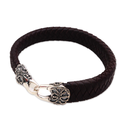 Men's leather and sterling silver braided wristband bracelet, 'Bun Claw in Brown' - Men's Leather and Sterling Silver Bracelet in Brown