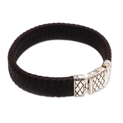 Men's leather and sterling silver braided wristband bracelet, 'Woven Pattern' - Men's Sterling Silver Braided Wristband Bracelet in Brown