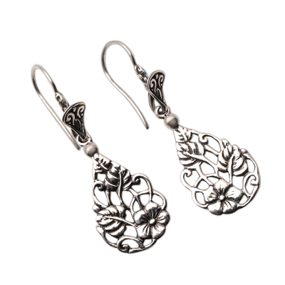 Sterling silver dangle earrings, 'Garden Teardrops' - Floral Teardrop Sterling Silver Dangle Earrings from Bali