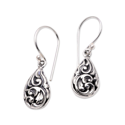 Sterling silver dangle earrings, 'Drops of Tradition' - Patterned Drop-Shaped Sterling Silver Dangle Earrings