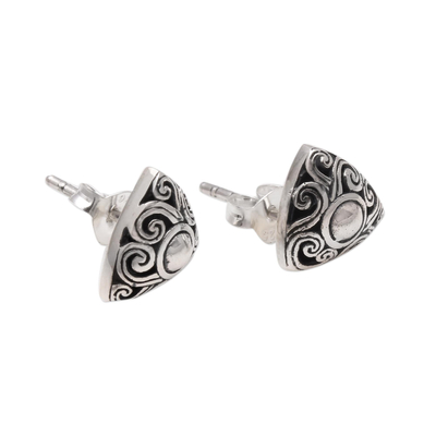 Sterling silver stud earrings, 'Tegallalang Triangles' - Spiral Pattern Triangular Sterling Silver Stud Earrings
