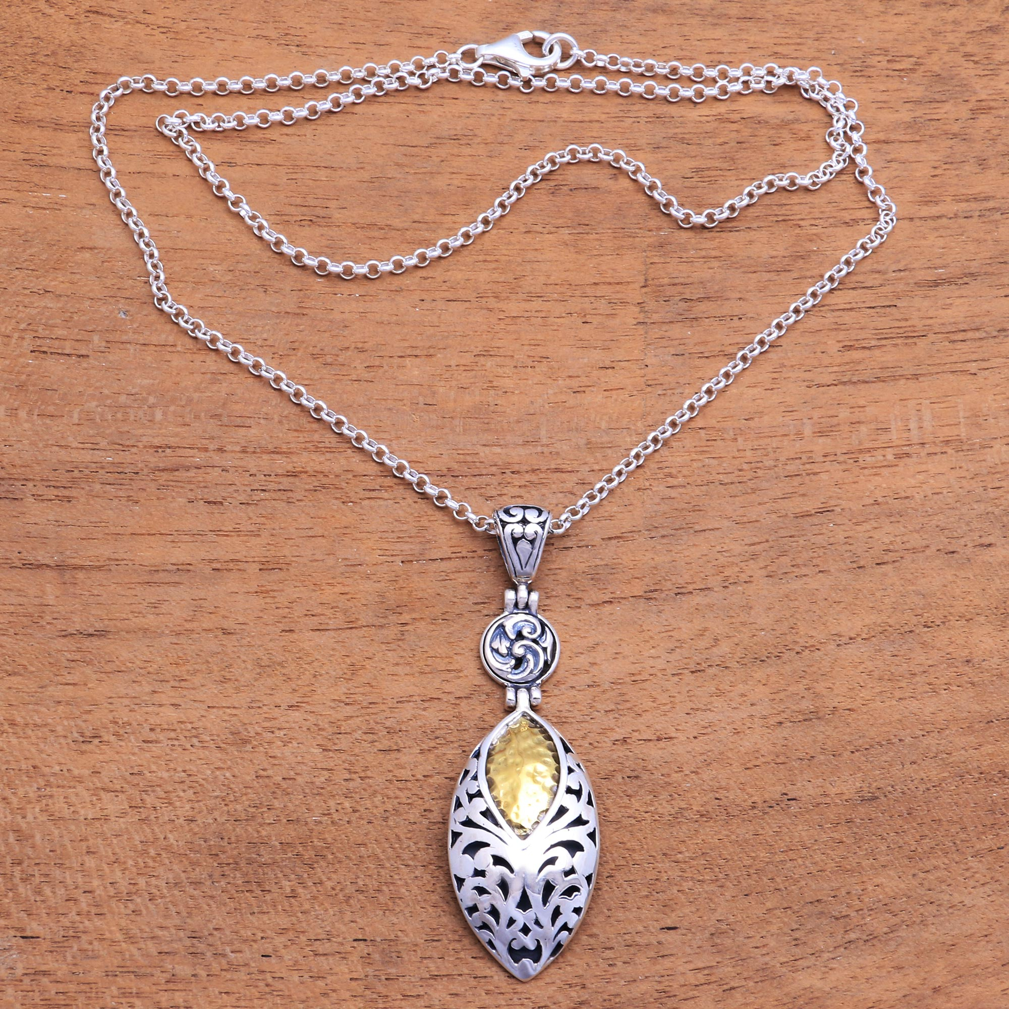 Two Tone Sterling Silver Bali Filigree Pendant Necklace