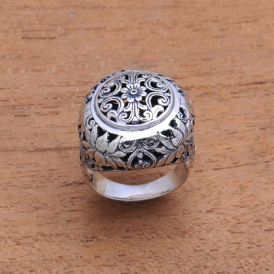 Sterling silver domed ring, 'Garden Dome' - Floral Sterling Silver Domed Ring from Bali