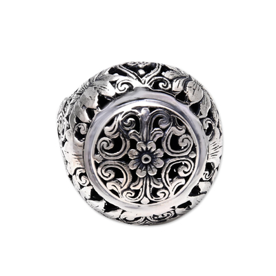 Sterling silver domed ring, 'Garden Dome' - Floral Sterling Silver Domed Ring from Bali