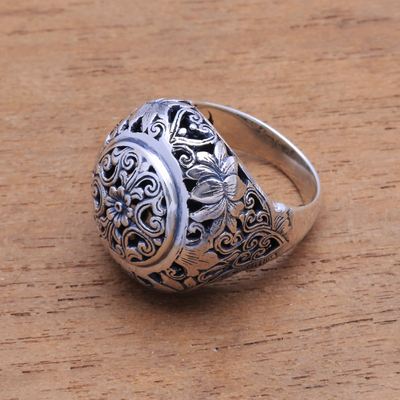 Gewölbter Ring aus Sterlingsilber - Geblümter gewölbter Ring aus Sterlingsilber aus Bali