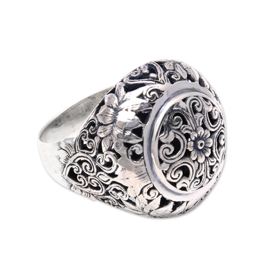 Gewölbter Ring aus Sterlingsilber - Geblümter gewölbter Ring aus Sterlingsilber aus Bali