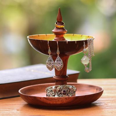 Wood and coconut shell jewelry stand, Golden Fountain