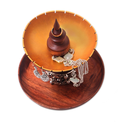 Wood and coconut shell jewelry stand, 'Golden Fountain' - Suar Wood and Coconut Shell Jewelry Stand from Bali