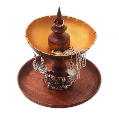 Wood and coconut shell jewelry stand, 'Golden Fountain' - Suar Wood and Coconut Shell Jewelry Stand from Bali