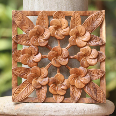 Wood relief panel, 'Interconnected Jepun' - Frangipani Flower Suar Wood Relief Panel from Bali