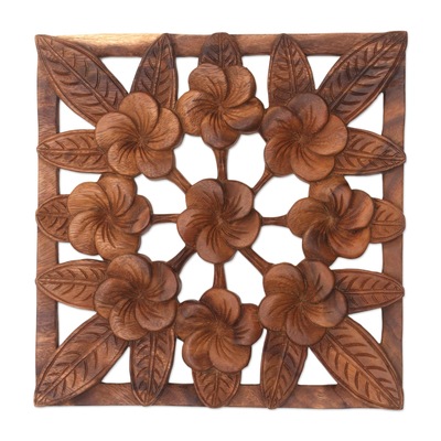 Wood relief panel, 'Interconnected Jepun' - Frangipani Flower Suar Wood Relief Panel from Bali